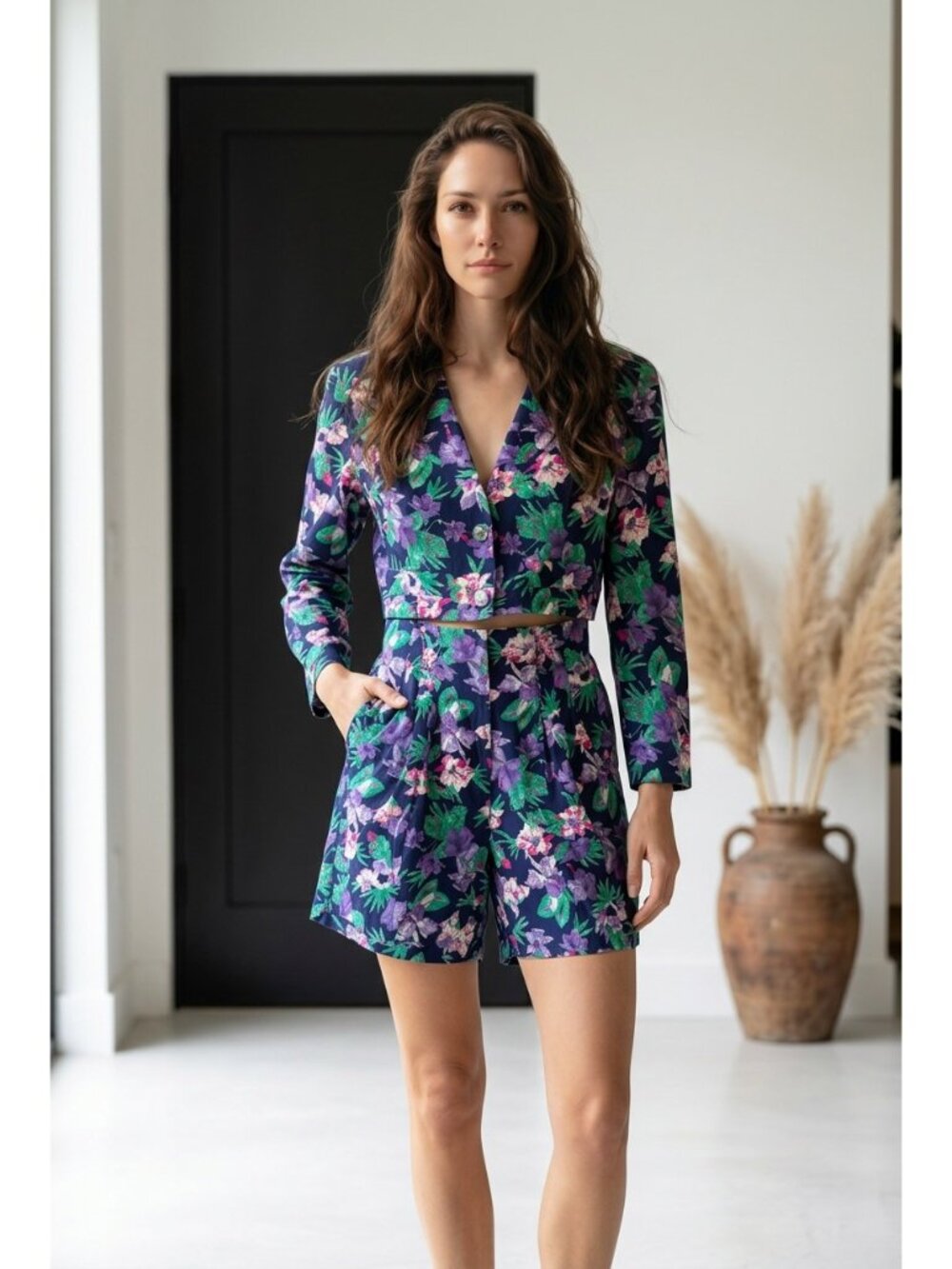 Vintage Rampage Floral Print Two-Piece Set With Cropped Blazer & High-Waist Shor